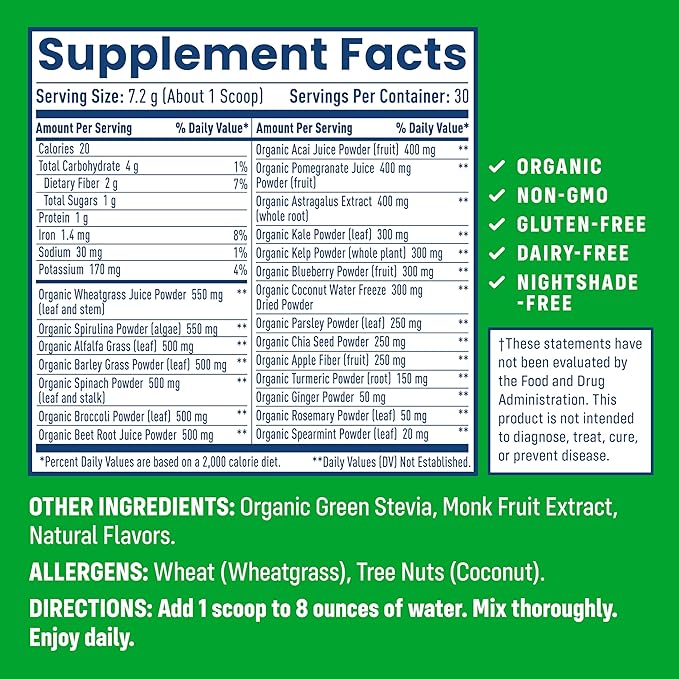 NativePath Native Greens Superfood Powder – Organic Greens, Spirulina, Beet Root Powder, Digestive Enzymes, Probiotics, Nightshade-Free, Naturally Sweetened, 30 Servings