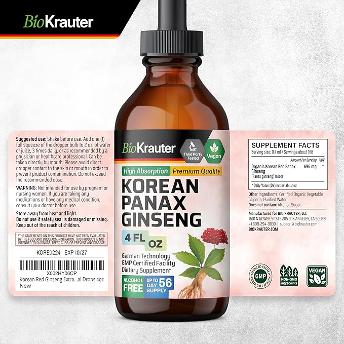 BIO KRAUTER Korean Red Ginseng Extract Liquid - Alcohol & Sugar Free Panax Ginseng Supplement - Vegan Immune Support Supplement - 4 Fl. Oz.