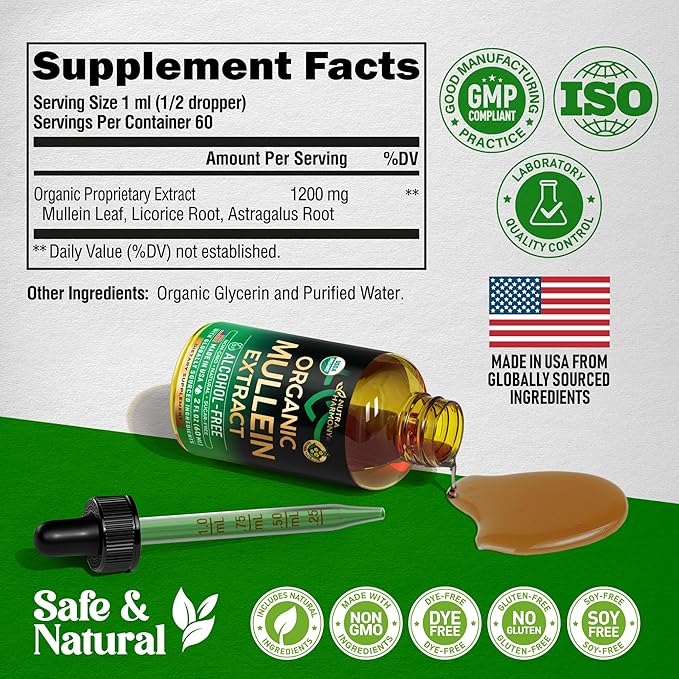 Mullein Drops for Lungs - USDA Organic Liquid - Mullein Leaf Extract Supplement - Made in USA - Lung & Bronchial Cleanse for Smokers - Respiratory Health Support - As Tincture, Tea, Pills - 2 fl oz