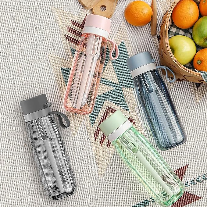 PHILIPS Filtered Water Bottle, BPA-Free Tritan Plastic Water Bottles, Replaces 450 Plastic Water Bottle with Reusable GoZero Everyday Water Filter, Portable Filtering Bottle for Travel, 22 oz, Grey
