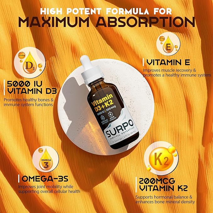 Vitamin D3 + K2 Liquid Drops with Omega 3 Oil - 5000 IU Vitamin D Drops K2 for Hormone Support & Bone Health - Liquid Vitamin D3 with K2 Drops for Maximum Absorption - 2Fl Oz Vitamin K2 D3