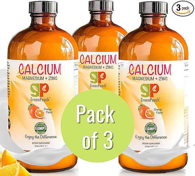GreenPeach Liquid Calcium for Kids - Magnesium, D3 & Zinc Supplement - Calcium Citrate & Vitamin D3 Kids Calming Syrup - No Sugar No Artificial Flavors - Vegetarian Kosher (3-Pack)
