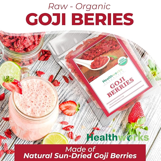Healthworks Organic Dried Goji Berries - 16oz /1lb - 1 Pack - Vegan and Non-GMO Certified Organic Raw Sun-Dried Goji Berries