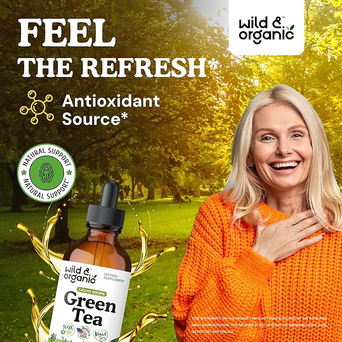 Wild & Organic Green Tea Extract Liquid Drops - Antioxidant-Rich Green Tea Supplement - 2-Month Supply - Vegan, Sugar & Alcohol-Free Camellia Sinensis Tincture - 4 fl oz