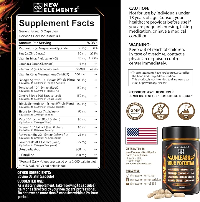 Natural Testosterone Booster Supplement for Men โ Test Booster with Tongkat Ali, Fadogia Agrestis, Shilajit, Ashwagandha, Ginseng, Tribulus, Boron, DAA, L-Citrulline, D3 K2, Zinc & Magnesium