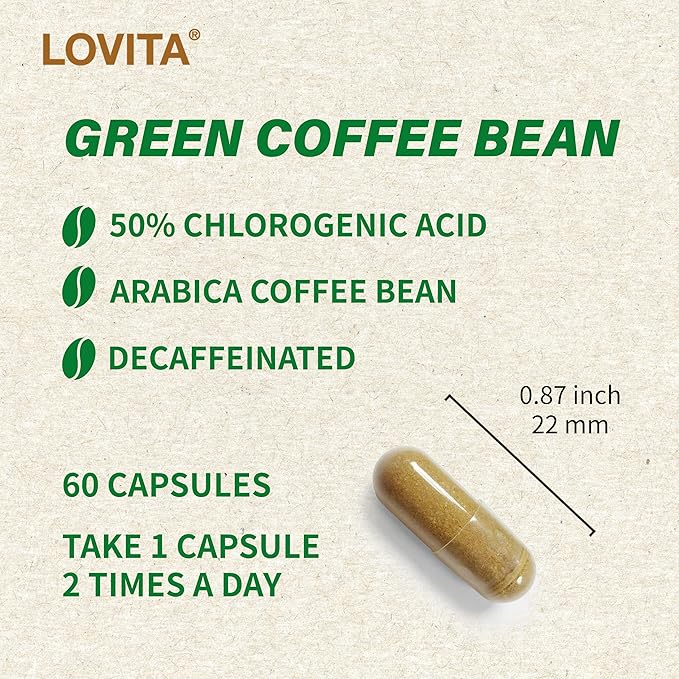 Lovita Green Coffee Bean Extract: Natural Antioxidant, High Potency, 50% Chlorogenic Acid, Vegan-Friendly Dietary Supplement - 60 Capsules (Pack of 3)