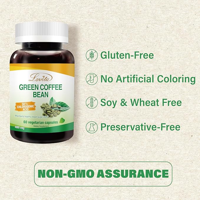 Lovita Green Coffee Bean Extract: Natural Antioxidant, High Potency, 50% Chlorogenic Acid, Vegan-Friendly Dietary Supplement - 60 Capsules (Pack of 3)