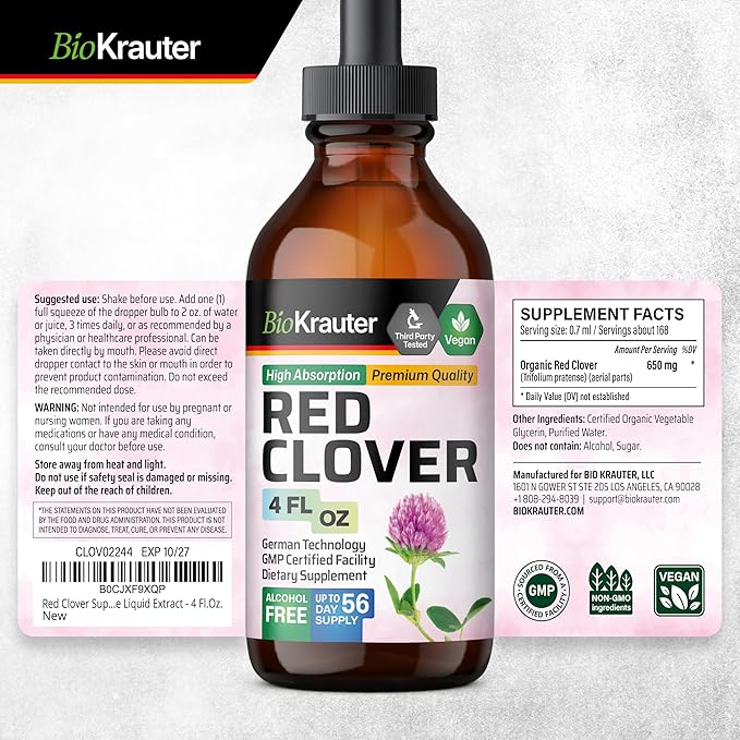 BIO KRAUTER Red Clover Tincture - Red Clover Extract - Liquid Supplement for Women's Support - Alcohol and Sugar Free - Vegan Drops 4 Fl.Oz.