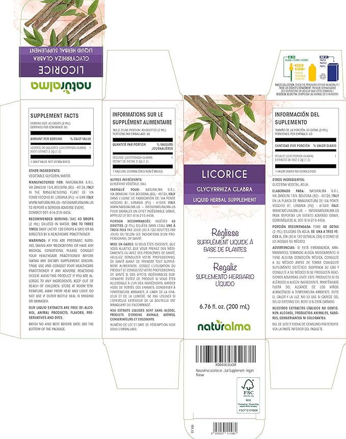 Naturalma Licorice or Liquorice (Glycyrrhiza glabra) Root Alcohol-Free Tincture - 6.76 fl oz Liquid Extract in Drops - Herbal Supplement - Vegan