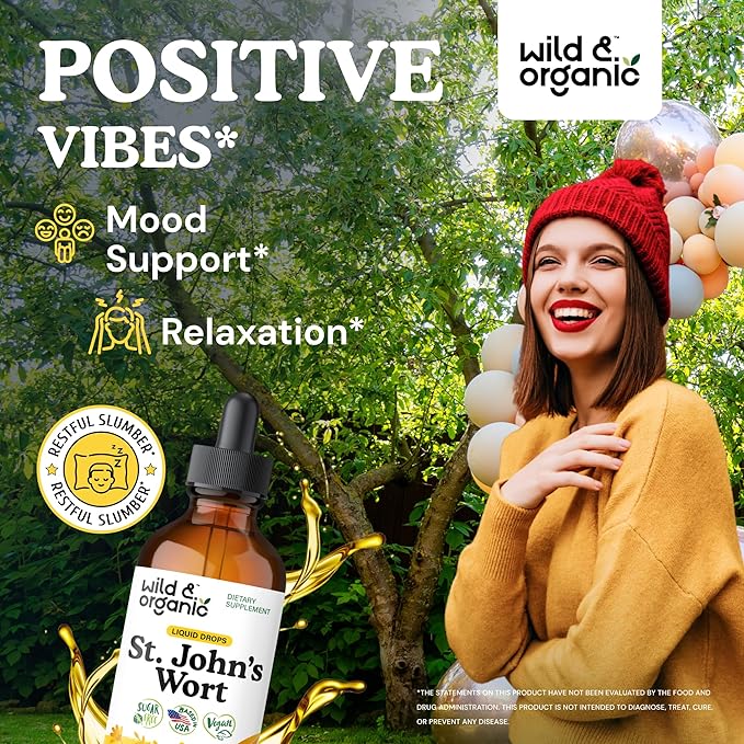 Wild & Organic St Johns Wort Tincture - Mood Support - Calming St John's Wort Supplement - Hypericum Perforatum Herbal Liquid Drops - Vegan, Sugar & Alcohol Free - 4 fl oz