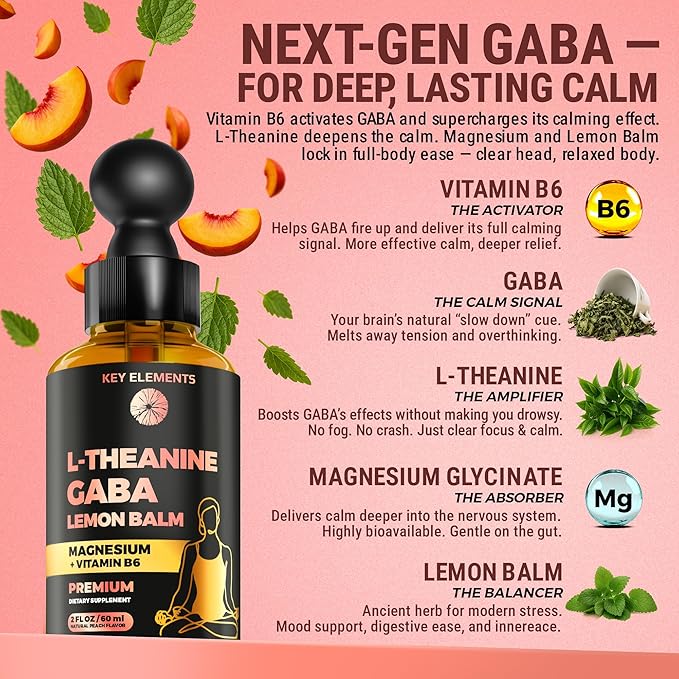 L Theanine and GABA Supplements | GABA Calming with Lemon Balm Extract, L-Theanine and Magnesium with B6 | Liquid GABA L Theanine Supplements | Stress Relief & Relaxation GABA Drops