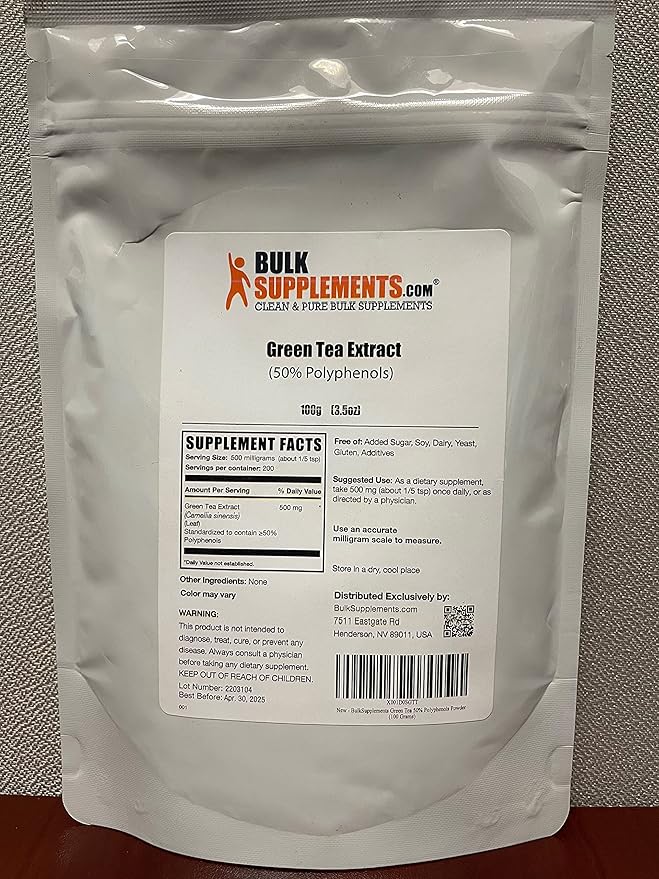 BulkSupplements.comgreen Tea Extract Powder - 50% Polyphenols Supplement, EGCG Supplements - Gluten Free, 500mg per Serving, 100g (3.5 oz) (Pack of 1)