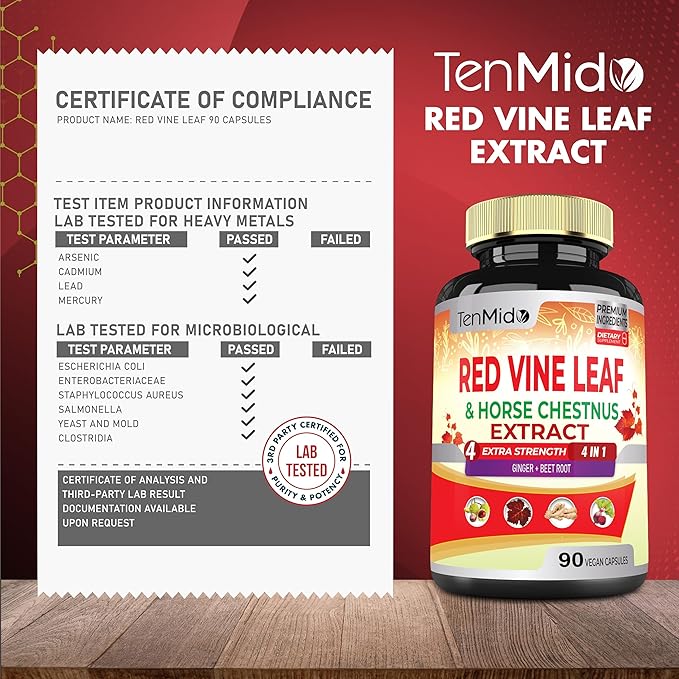 Red Vine Leaf Extract Capsules - with Horse Chestnut, Beet Root, Ginger - Herbal Supplement for Heart, Leg Vein & Energy - 90 Vegan Capsules for 45 Days