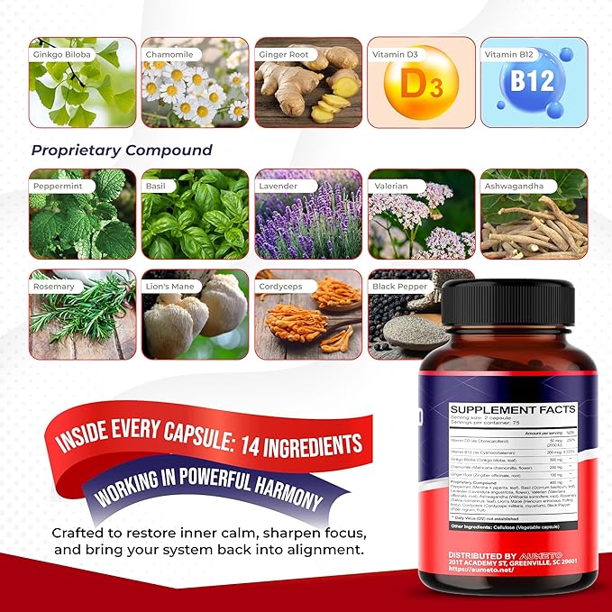 Vertigo Support Complex with Ginkgo Biloba, Chamomile, Ginger, Vitamin D3, B12 - Advanced 14-in-1 Formula for Spinning Dizziness Inner Ear Balance* - Made in The USA