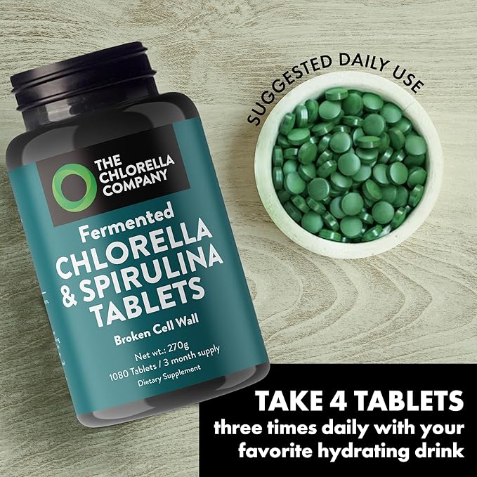 Fermented Chlorella & Spirulina Tablets, Chlorophyll, Green Superfood, Algae Supplement, Heavy Metal Detox, Immune Support, Broken Cell Wall, 1350 Tablets, Non-GMO, Vegan