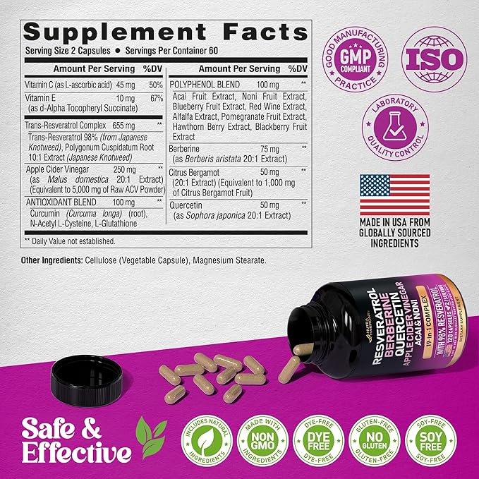 Resveratrol Supplement - 19-in-1 Organic Polyphenol Complex - Noni Extract | Berberine | Quercetin | Apple Cider Vinegar | Acai - Made in USA - Antioxidant & Heart Health Support - 120 Capsules