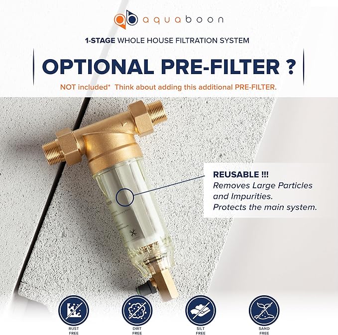 Aquaboon 2-Stage Whole House Water Filter System 20x4.5" with CTO & String Wound Water Filter Cartridges | Wrench, Bracket, Release & Gauges Included