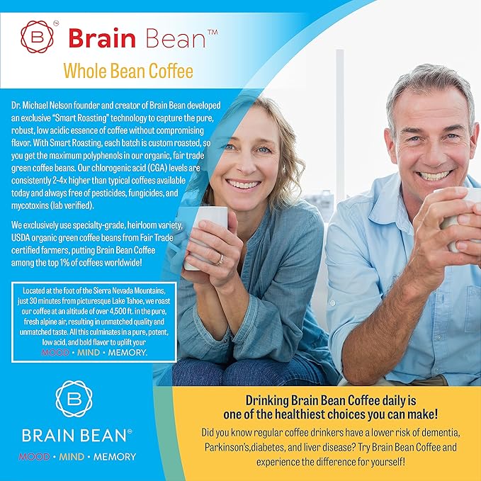 Brain Bean Organic Coffee โ Smooth Taste & Rich Medium Roast โ High Antioxidant & USDA certified organic for Cognitive Support, Mood Enhancement & Toxin Removal - Whole Bean Coffee โ 16 oz (1-Pack)