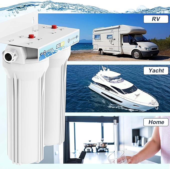 External RV Dual Water Filter System Two Filters and Mounting Bracket Included Premium Filtration & Bulit to Last, Reduce Sediment, Odor, Taste, Chlorine Ideal for RV, Marine, Motor Home