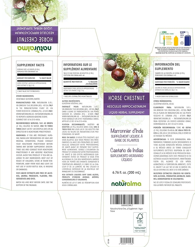 Naturalma Horse Chestnut (Aesculus hippocastanum) Seed Alcohol-Free Tincture - 6.76 fl oz Liquid Extract in Drops - Herbal Supplement - Vegan