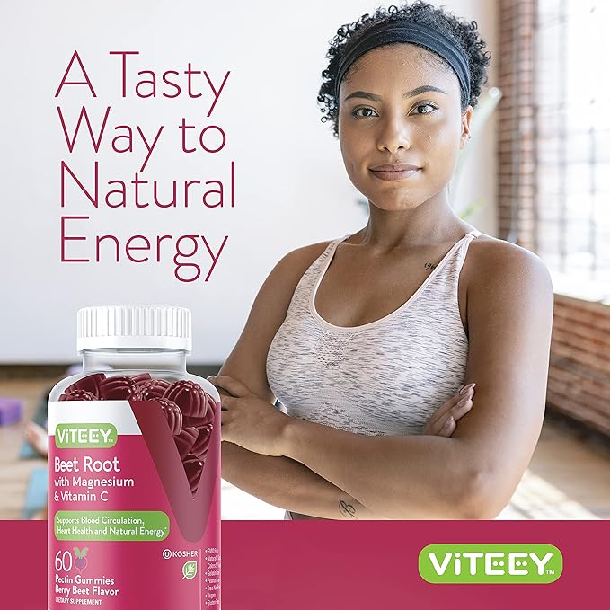 Viteey Beet Root Gummies with Magnesium & Vitamin C - Beetroot Supplement for Heart Health, Blood Pressure Support - Vegan, Gluten-Free - 60 Count