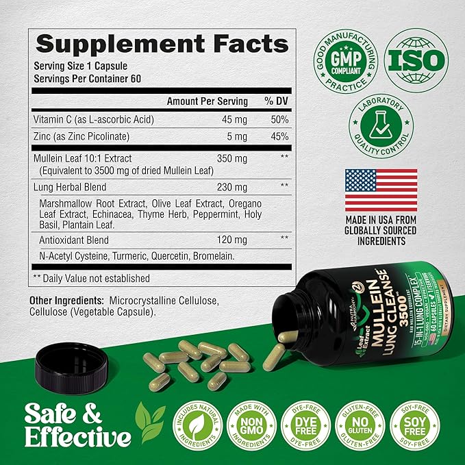 Mullein Leaf Extract for Lung Detox - Marshmallow Root | Echinacea | Oregano | Quercetin | NAC - 15-in-1 Lung Support & Cleanse for Smokers Supplement - Made in USA - As Drops, Tincture - 60 Capsules