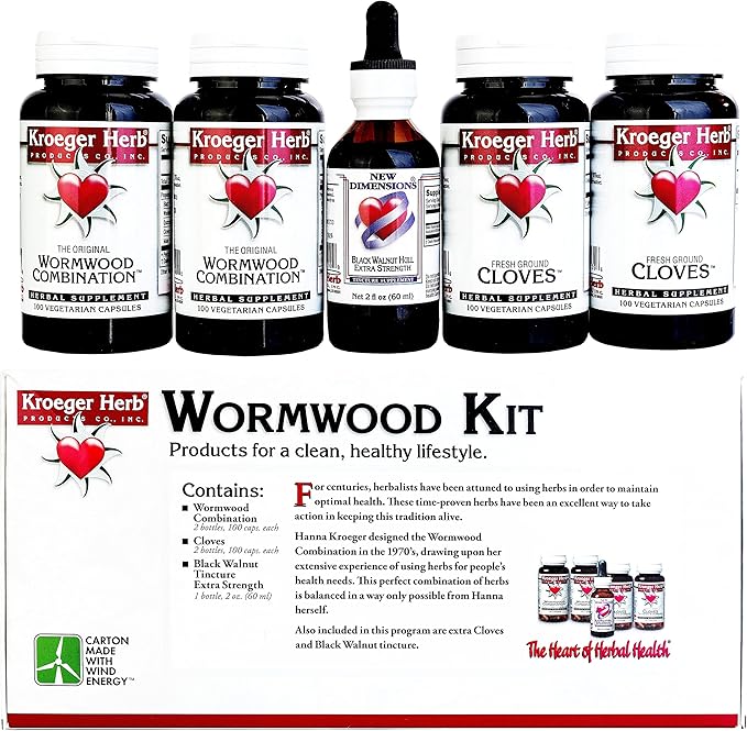 Kroeger Herb Products, Wormwood Herb Supplement Kit, Black Walnut, Clove, Quassia, Worm Wood Detox Cleanse - Capsules, Non-GMO, Gluten Free, No Preservatives or Fillers, Made in USA