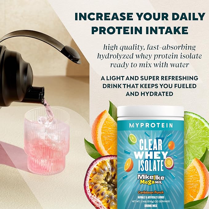 Myprotein Clear Whey Isolate Protein Powder, 1.1 Lb (20 Servings) Fruity Mike and IKE Caribbean Punch Drink Mix, 20g Protein per Serving, Daily Drink for Superior Performance