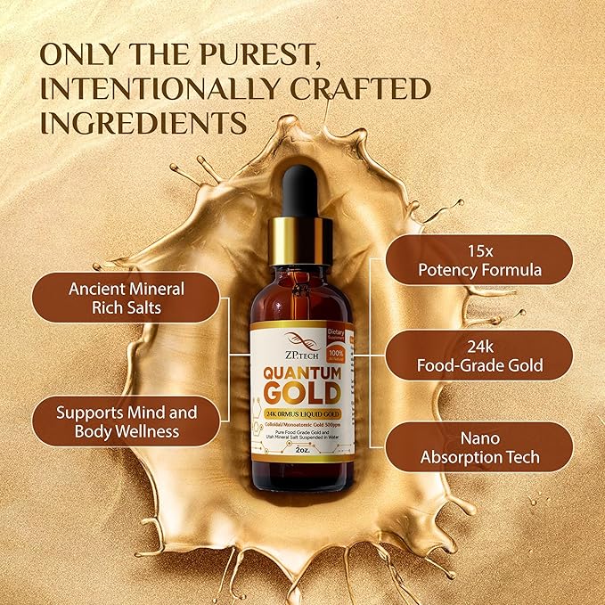 Quantum Gold 24K Ormus Gold Liquid | Pure Ormus Colloidal Monoatomic Gold Liquid and Utah Mineral Salts, 2oz. | Decalcify Pineal Gland, Supports Anti-Aging, Meditation, Yoga, Activate Third Eye.