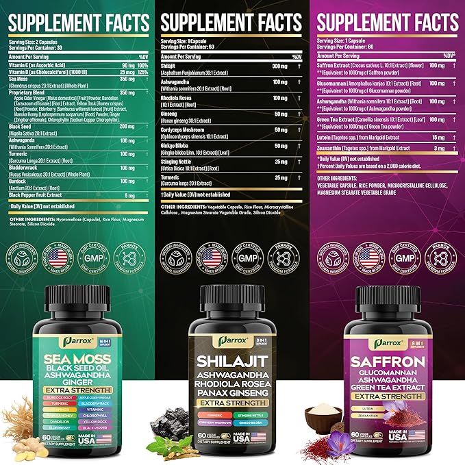 Vision Vitality Trio - Sea Moss, Black Seed Oil, Ashwagandha, Burdock Root, Saffron, Lutein, Zeaxanthin, Glucomannan, Green Tea Extract, Panax Ginseng, Ginkgo Biloba, Rhodiola Rosea, Turmeric