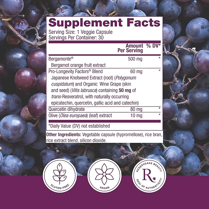 Reserveage Beauty, Bergamot Cholesterol Support with Resveratrol, Antioxidant Supplement for Cardiovascular Support & Heart Health, Vegan, 30 Capsules (30 Servings)