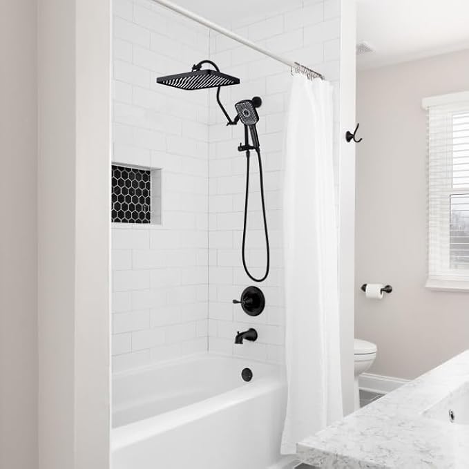 13 Inch Rainfall Shower Head with Multi-Function Handheld Sprayer Combo, 3-Way Metal Extended Diverter with Holder and Metal Adjustable Curved Shower Extension Arm, Extra Long Hose Matte Black