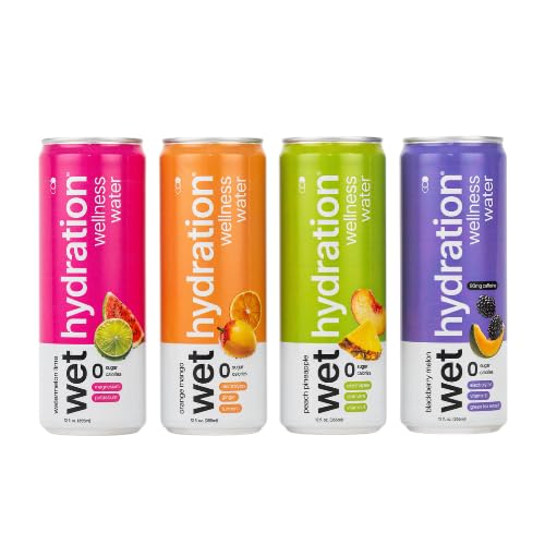 Wet Hydration, Zero Calorie, Functional Wellness Water - Trial Pack (12 Ounce Cans, Pack of 4) - Flavored Water, Hydration Drink, No Sugar, No Artificial Ingredients, Zero Calories (Packaging May Vary)