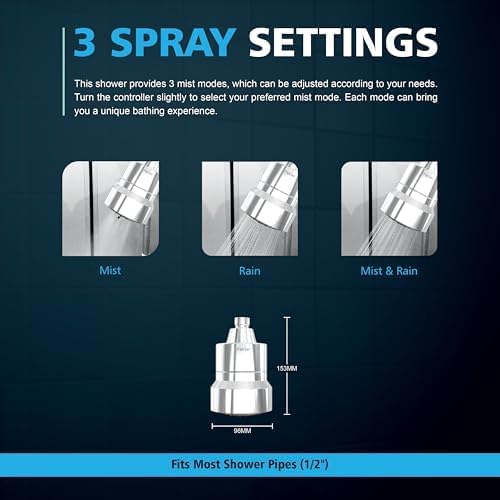 Multi Stage Shower Head Filter for Hard Water, Shower Water Filter for Removing Chlorine and Fluoride, Hard Water Shower Filter Improves on Skin, Hair and Nails, Polished Chrome - 3 Spray Mode