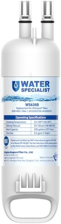 Waterspecialist EDR1RXD1 Water Filter, Replacement for Everydrop® Filter 1, W10295370A, EDR1RXD1B, P8RFWB2L, P4RFWB, Kenmore® 46-9081, 46-9930, WS638 Refrigerator Water Filter, 1 Filter