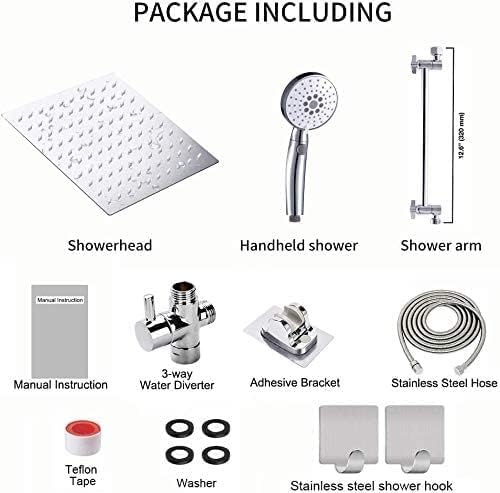 10 Inch Shower Head Combo, High Pressure Rainfall Shower Head with 4 Settings Handheld Spray and 11 Inch Brass Adjustable Extension Arm, 78'' Anti-leak Shower Hose, Chrome