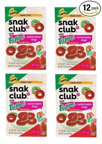 Snak Club Tajin Watermelon Rings Gummy Candy, Fruit Candy Gummies with Chili and Lime Seasoning, Mild, Gluten-Free and Vegan Snacks, 2.25 oz Snack Bags, 12 Pack