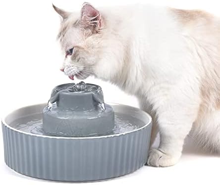 2.1L Ceramic Cat Water Fountain-for Cats and Dogs, 360 Ceramic Pet Fountain-70 Oz Large Water Capacity - Whisper-Quiet Water Flow-Great for Shy or Timid Pets - Fresh, Filtered Water (Grey)