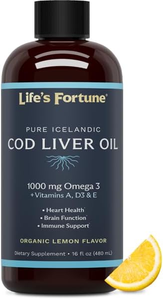 Life's Fortune Cod Liver Oil Liquid Lemon Flavor Organic Supplement with DHA, EPA 1000 mg High Potency Omega-3s + Vitamin A, E & D3 - Supports Immune, Joints, Eyes, 16 Fl Oz (Pack of 1)