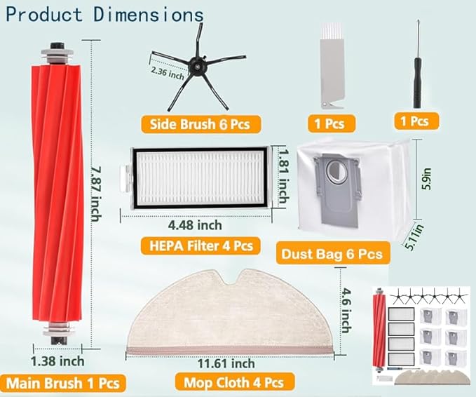 21 Pcs Q7 Max Replacement Parts，for Roborock Q7 / Q7+ / Q7 Max / Q7 Max+ Vacuum Cleaner Accessories Kit, 1 Main Brush, 4 Filter, 4 Mop Pad, 6 Side Brush，6 Vacuum Bag