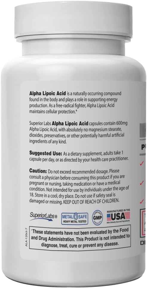 Superior Labs Alpha Lipoic Acid 600 mg Capsules, Pure Non-GMO ALA, High Absorption, Nerve Support, Healthy Circulation and Nerve Response, Healthy Aging Antioxidant, 120 Veg Caps, 4-Month Supply