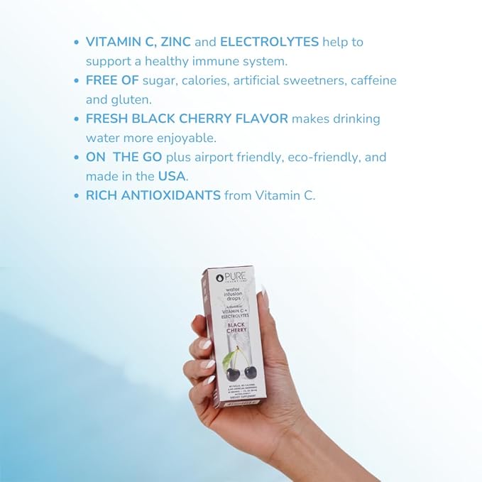 Pure Inventions - Black Cherry Water Infusion Drops - Antioxidants, Vitamin C & Electrolytes -Health & Wellness Drink -Immunity Support -Sugar Free, Zero Calorie, No Artificial Sweeteners -30 Servings