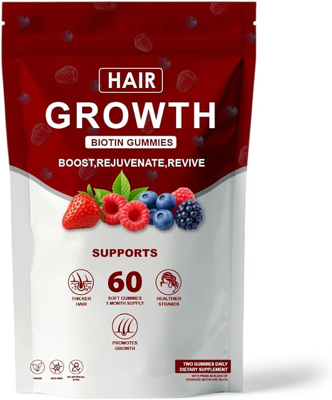 Hair Growth Gummies, Biotin, Vitamins & Plant Extracts Infused, Supports Healthy Hair Growth & Strength, Skin & Nail Care, Non-GMO, 60 Soft Chews