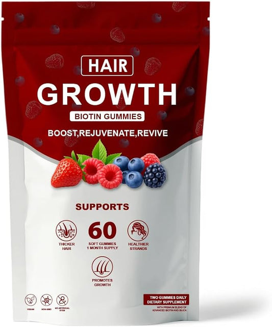Hair Growth Gummies, Biotin, Vitamins & Plant Extracts Infused, Supports Healthy Hair Growth & Strength, Skin & Nail Care, Non-GMO, 60 Soft Chews