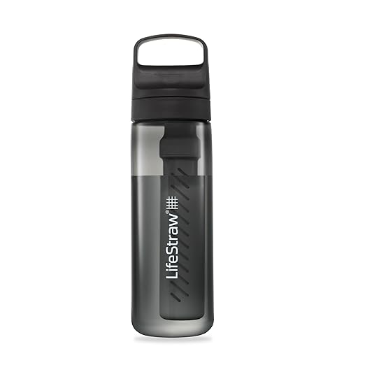 LifeStraw Go Series – BPA-Free Water Filter Bottle for Travel and Everyday use removes Bacteria, parasites and microplastics, Improves Taste, 22oz Nordic Noir