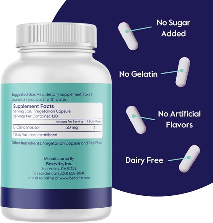 BESTVITE D-Chiro Inositol (120 Vegetarian Capsules) - No Stearates - Vegan - Non GMO - Gluten Free - 1 Capsule for 40:1 Inositol Ratio