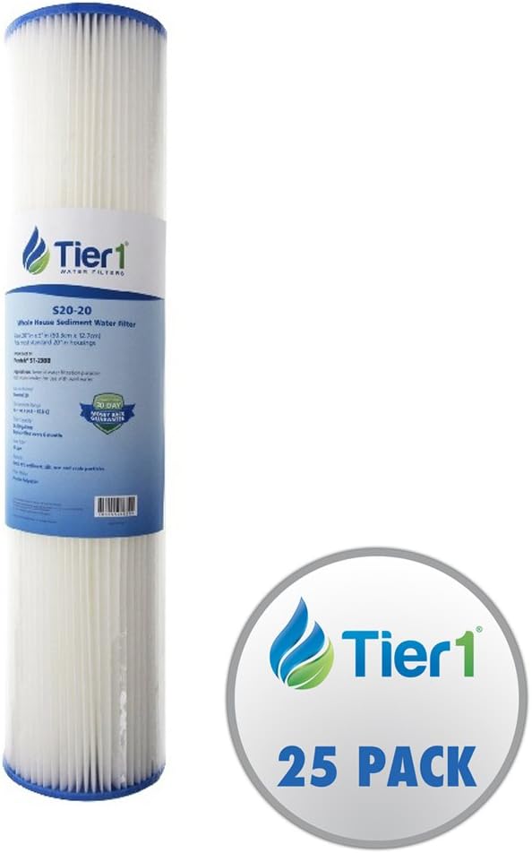 Tier1 20 Micron 20 Inch x 4.5 Inch | 25-Pack Pleated Cellulose Whole House Sediment Water Filter Replacement Cartridge | Compatible with Pentek S1-20BB, 155305-43, W20CLHD20, Home Water Filter