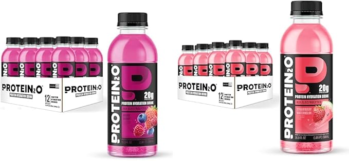 Bundle of Protein2o 20g Whey Protein Isolate Hydration Drink, Mixed Berry, 16.9 oz (12 Count) + Protein2o 20g Whey Protein Isolate Hydration Drink, Strawberry Watermelon, 16.9 oz (12 Count)