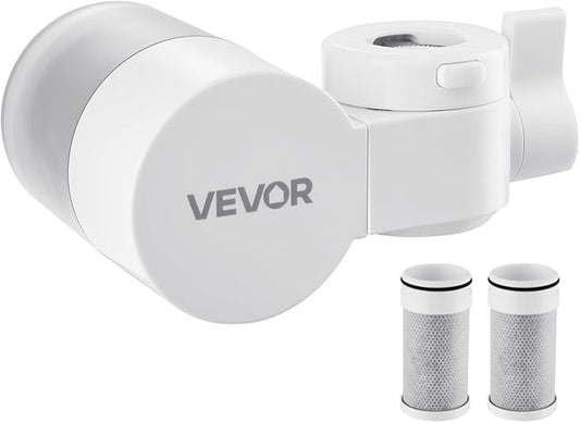VEVOR Faucet Mount Water Filter, Horizontal Water Purifier for Sink Tap, NSF Certified Carbon Fiber Filter, Removes Chlorine Lead with 3 Filters, Fits Most Kitchen or Bathroom Faucets, White