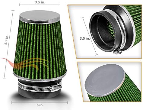 GREEN 3.5" 89 mm Inlet Narrow Cold Air Cone Replacement Performance Washable Clamp-On Dry Air Filter